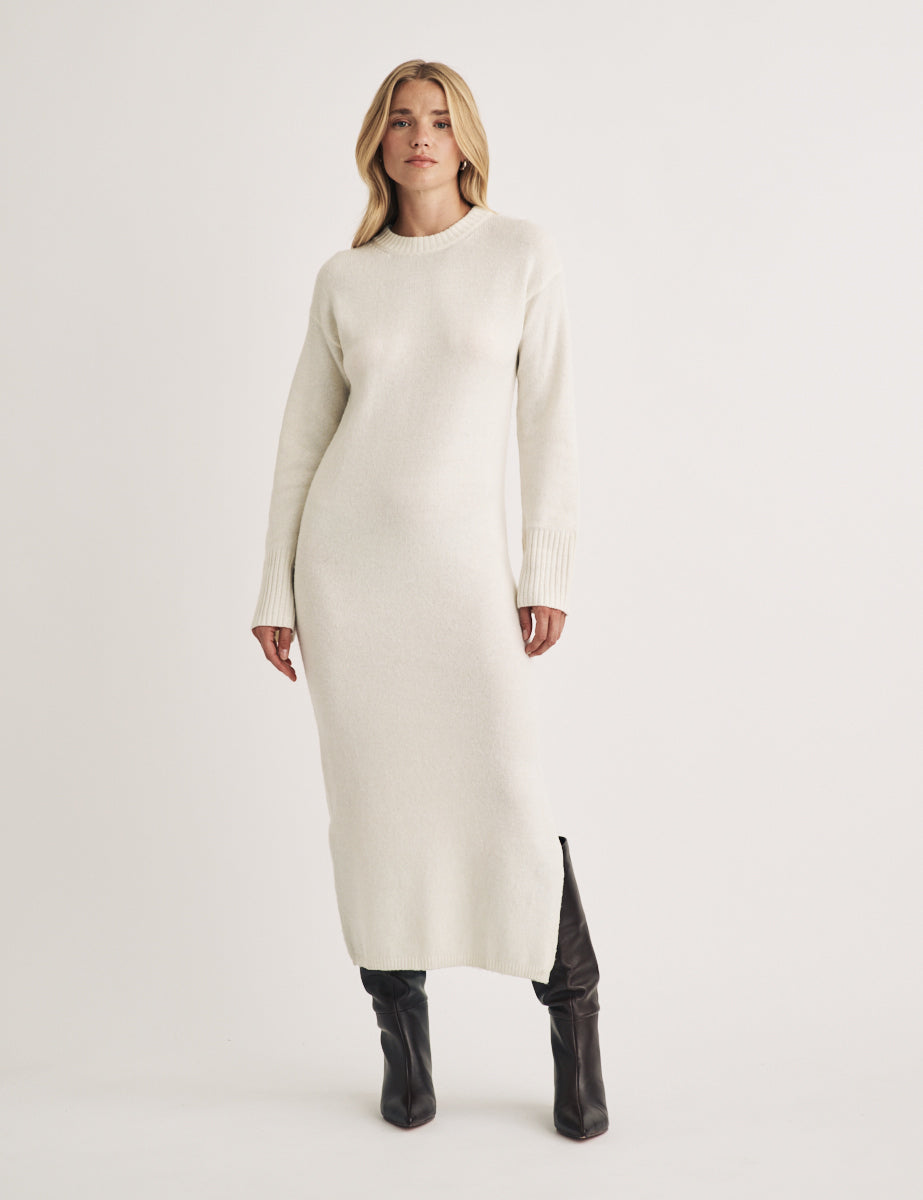 Cream Crew Neck Knitted Midi Jumper Dress1