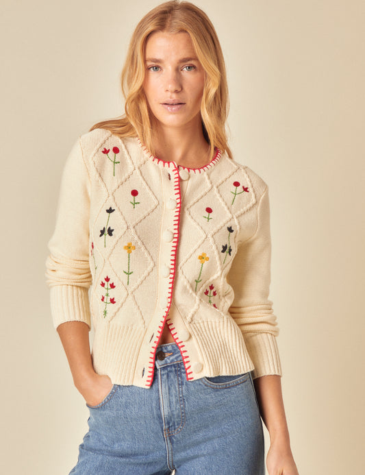 Cream Embroidered Floral Cable Knit Cardigan