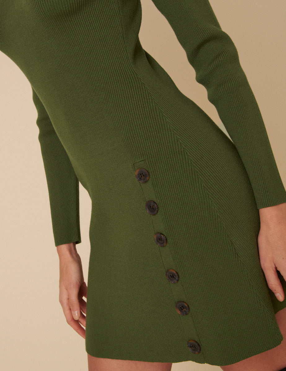 Green Ribbed Long Sleeve Mini Dress