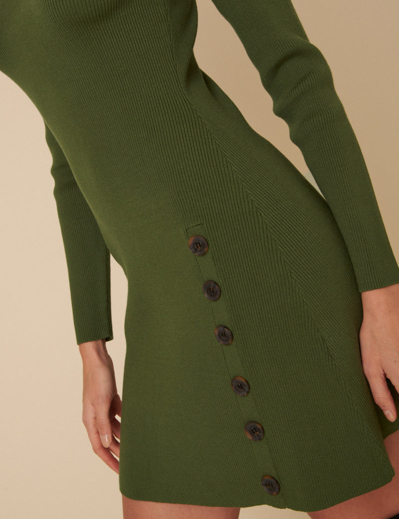 Green Ribbed Long Sleeve Mini Dress