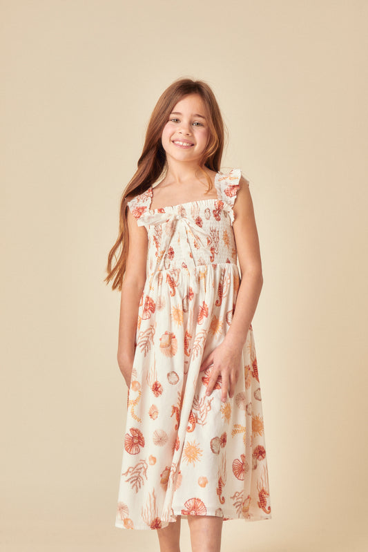 elizabeth scarlett white ruched shell print christine midi dress Hill House Home The Scarlett Midi Nap Dress