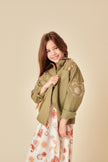 Girls Green Denim Embroidered Shacket