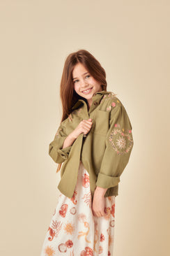 Girls Green Denim Embroidered Shacket