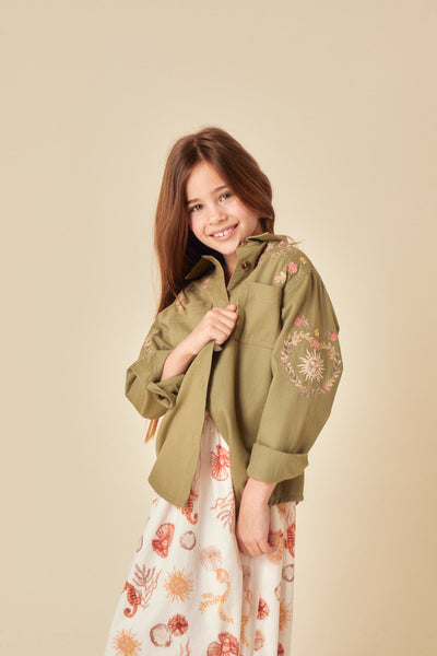 Girls Green Denim Embroidered Shacket