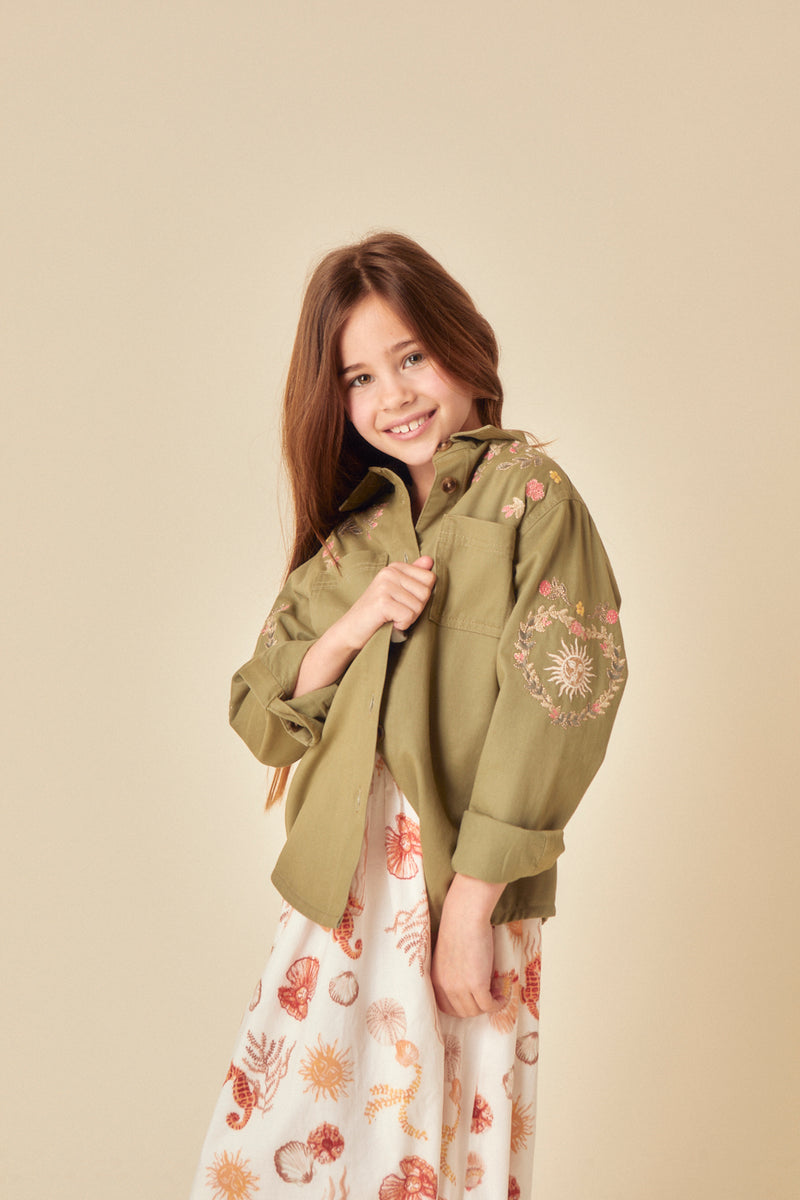 Girls Green Denim Embroidered Shacket