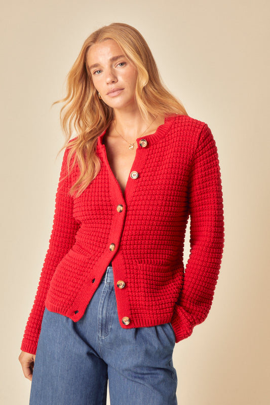 Image of Red Textured Knitted Cardigan