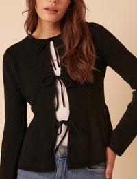 Black Tie Front Peplum Cardigan