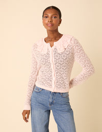 Pink Ruffle Collar Lace Cardigan