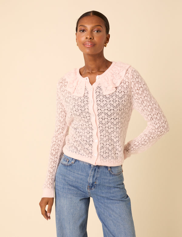 Pink Ruffle Collar Lace Cardigan