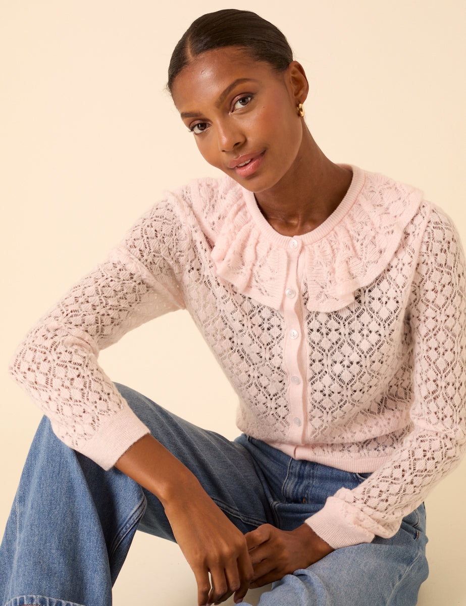 Pink Ruffle Collar Lace Cardigan