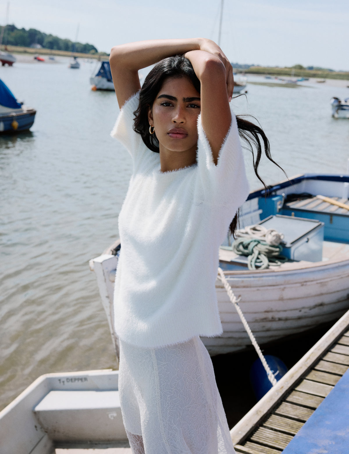 White Fluffy Short Sleeve Knitted Top