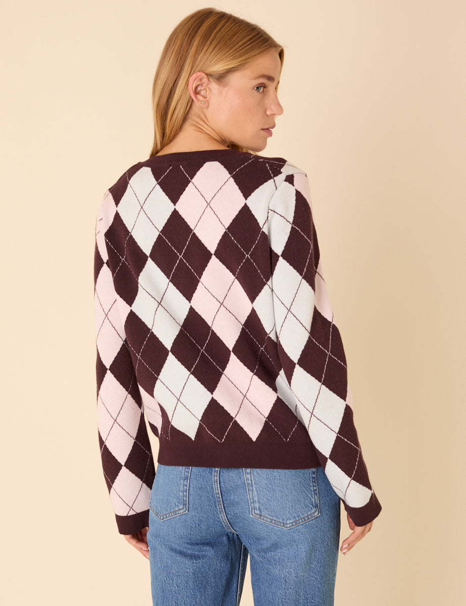 Brown And Pink Argyle Print Cardigan - Main Image