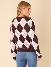 Brown And Pink Argyle Print Cardigan