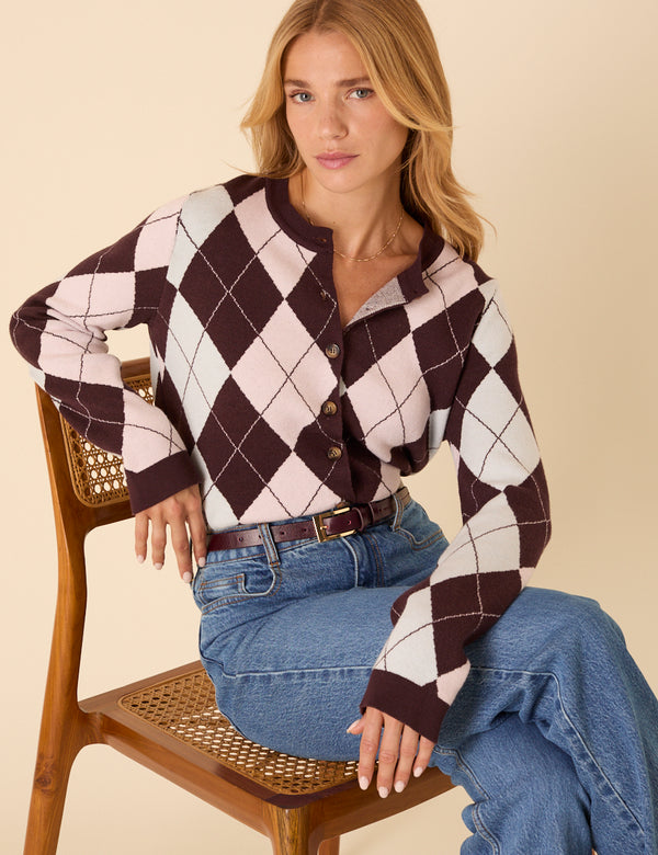 Brown And Pink Argyle Print Cardigan