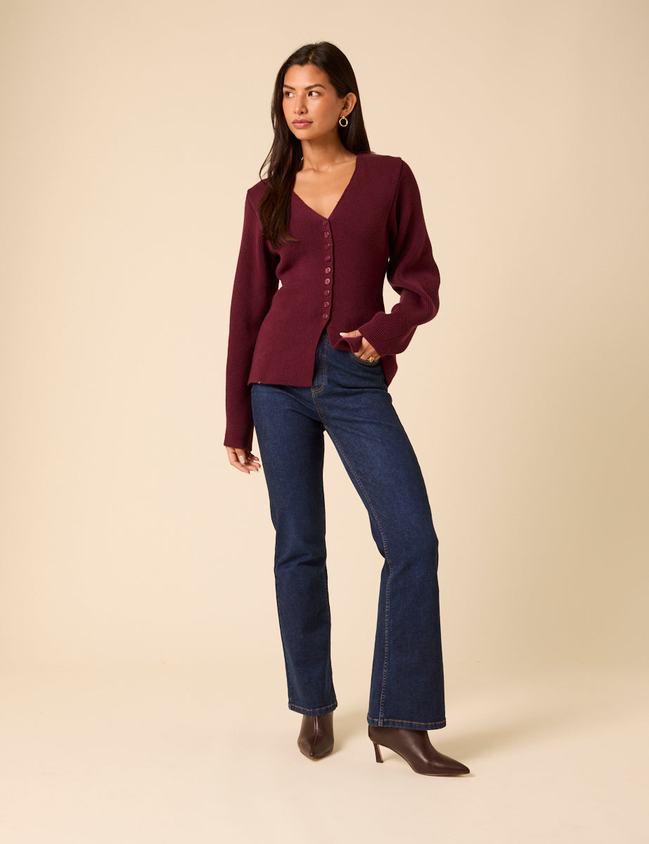 Burgundy Longline Balloon Sleeve Cardigan