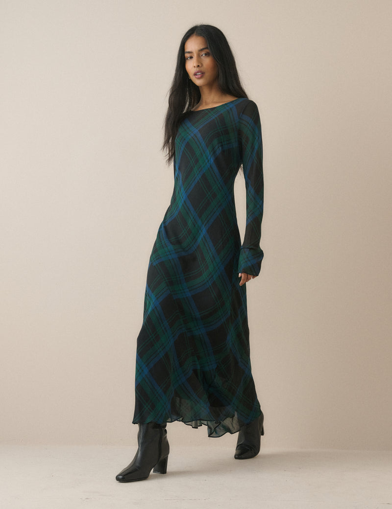 Navy tartan maxi dress with long sleeves