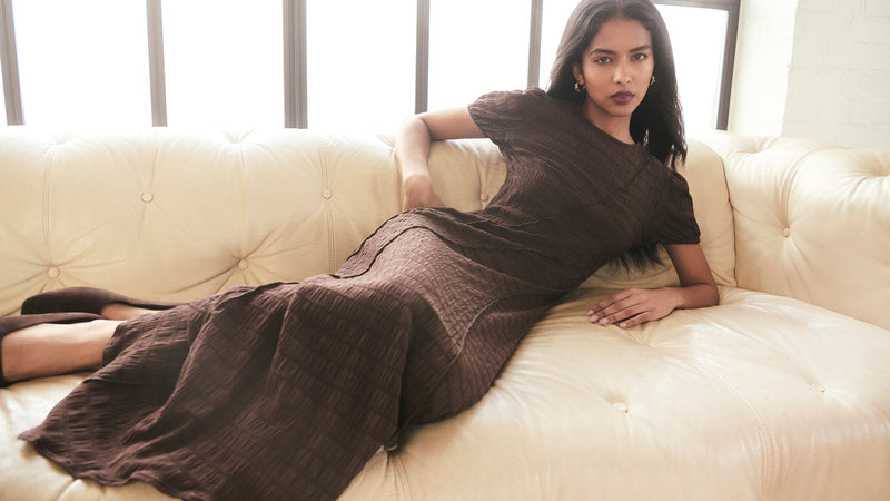 brown wedding guest dress Standard / XS Polka Dot Deep-V Flutter-Sleeve Satin A-Line 5 (108 cm) 14 US/ 18 AU/ 46 EU Brown Dresses for Women |