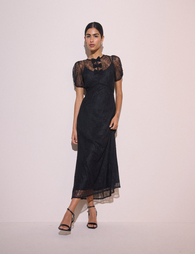 Black Bow Detail Lace Una Midi Dress