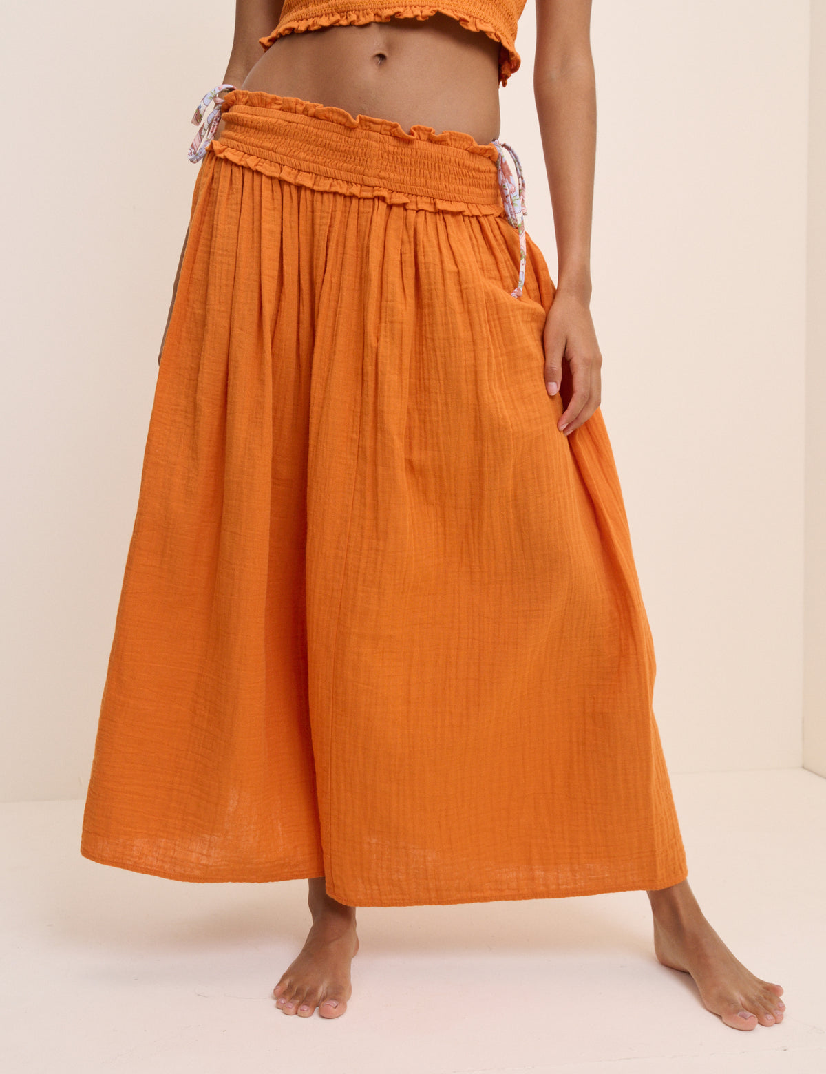 Orange High Waist Midi Skirt