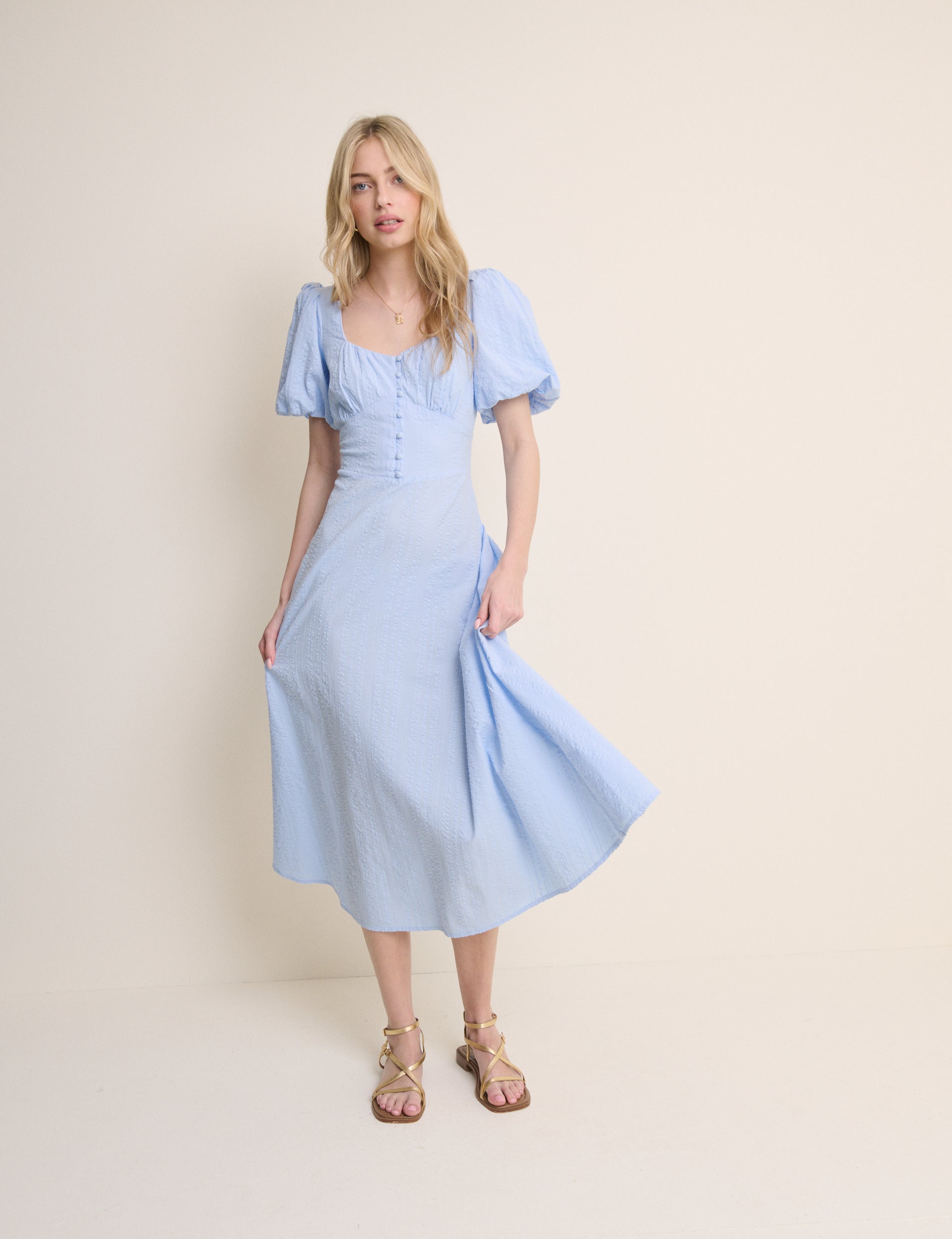 Light Blue Puff Sleeve Melody Midi Dress