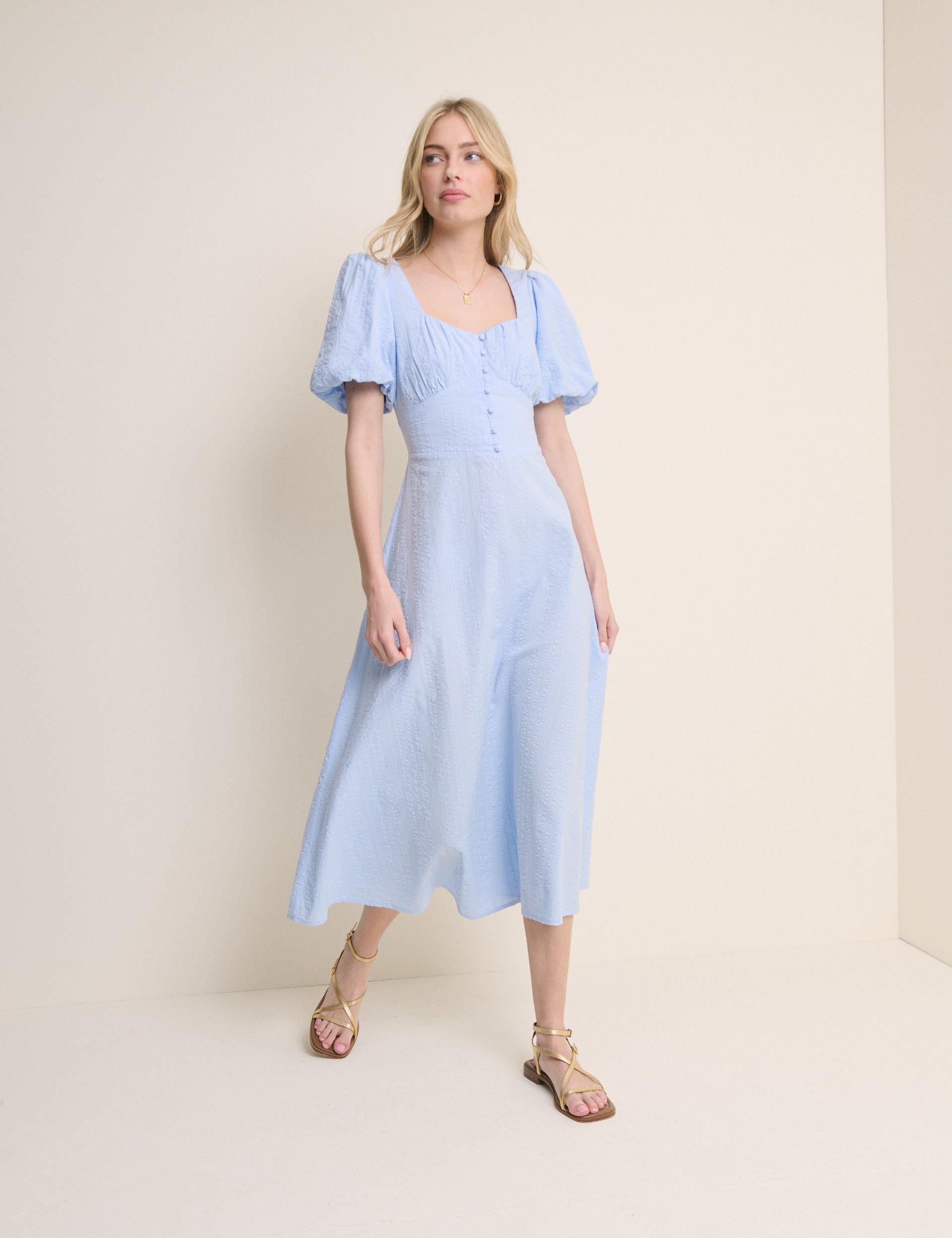 Light Blue Puff Sleeve Melody Midi Dress