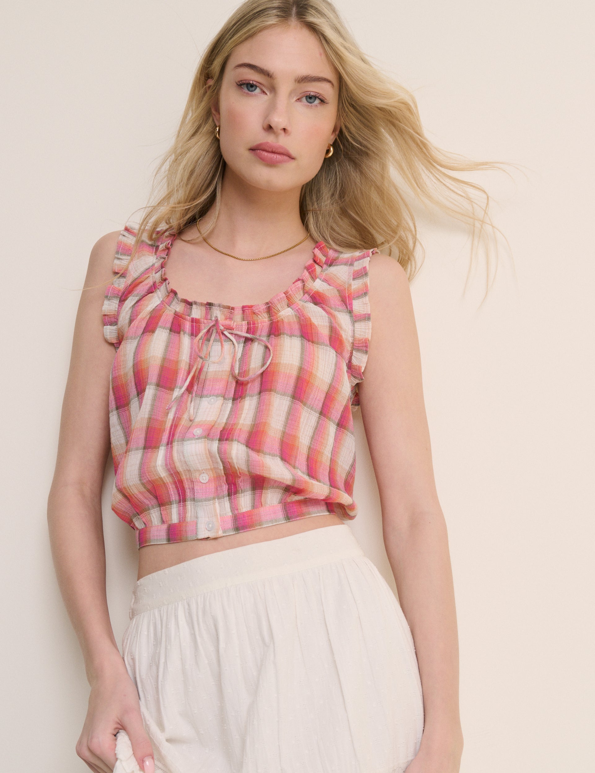 Red Check Ruffle Trim Scoop Neck Blouse
