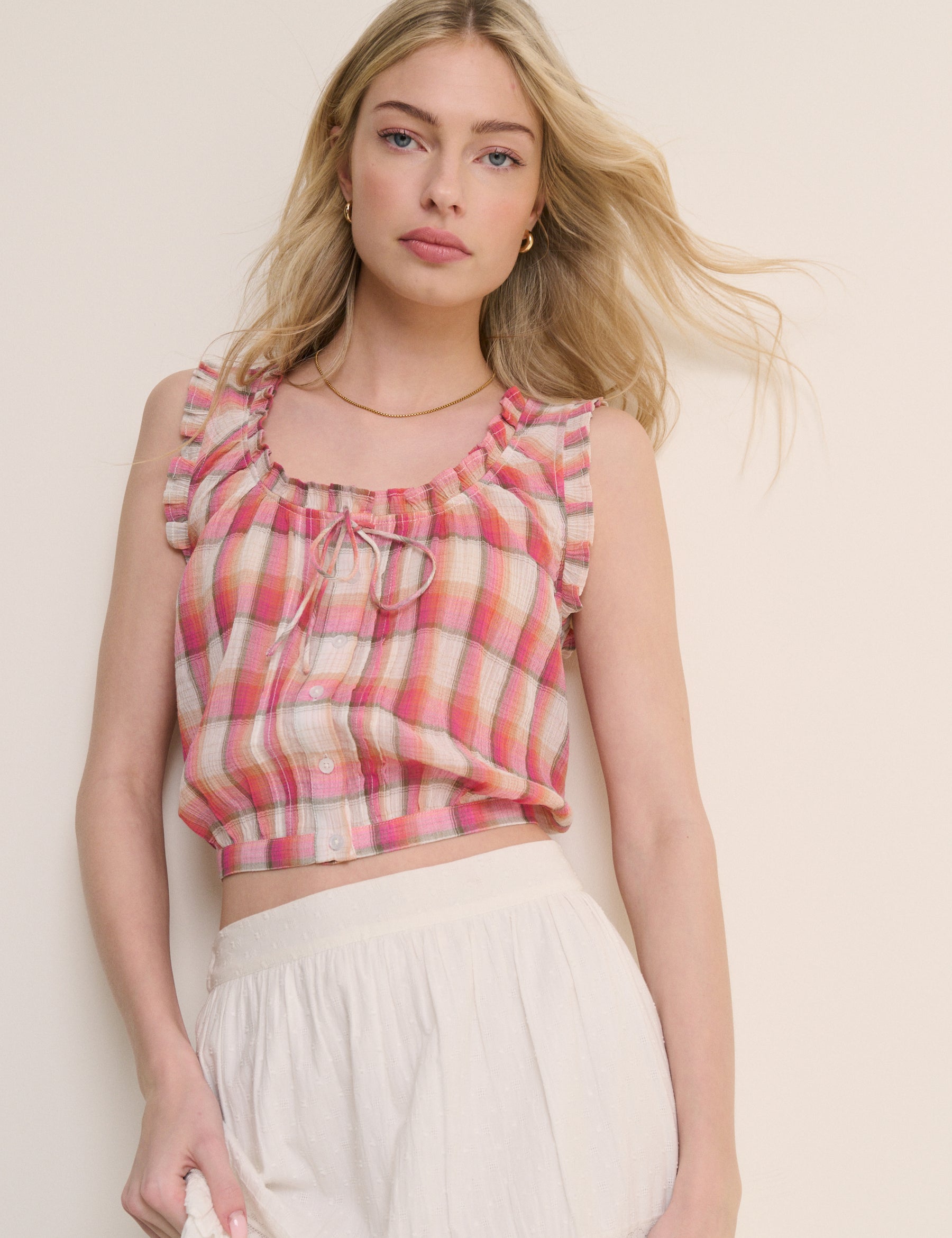 Red Check Ruffle Trim Scoop Neck Blouse