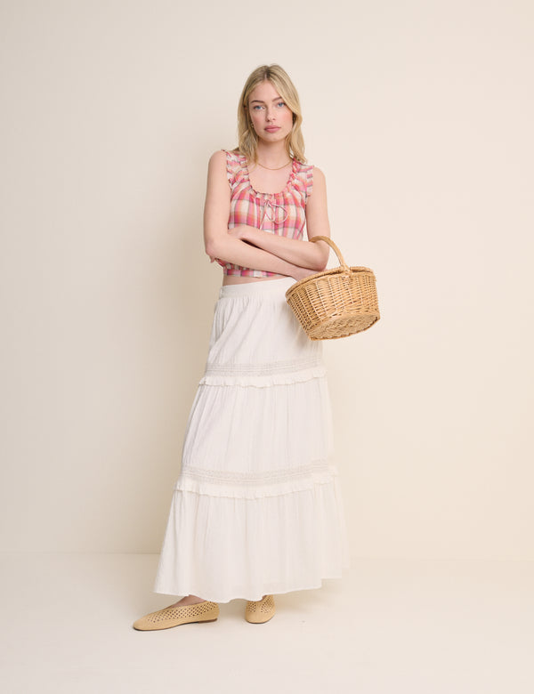 Red Check Ruffle Trim Scoop Neck Blouse