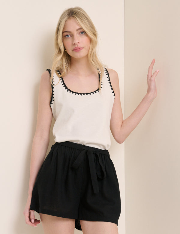 Black Linen-Blend Tie Detail Pull On Shorts