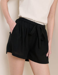 Black Linen-Blend Tie Detail Pull On Shorts