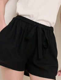 Black Linen-Blend Tie Detail Pull On Shorts