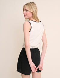 Black Linen-Blend Tie Detail Pull On Shorts