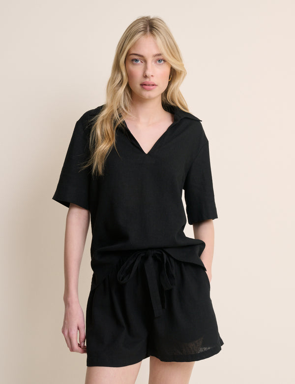 Black Linen-Blend Tie Detail Pull On Shorts