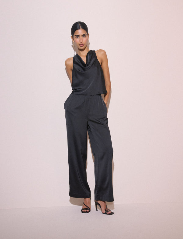 Black Satin Wide Leg Trouser