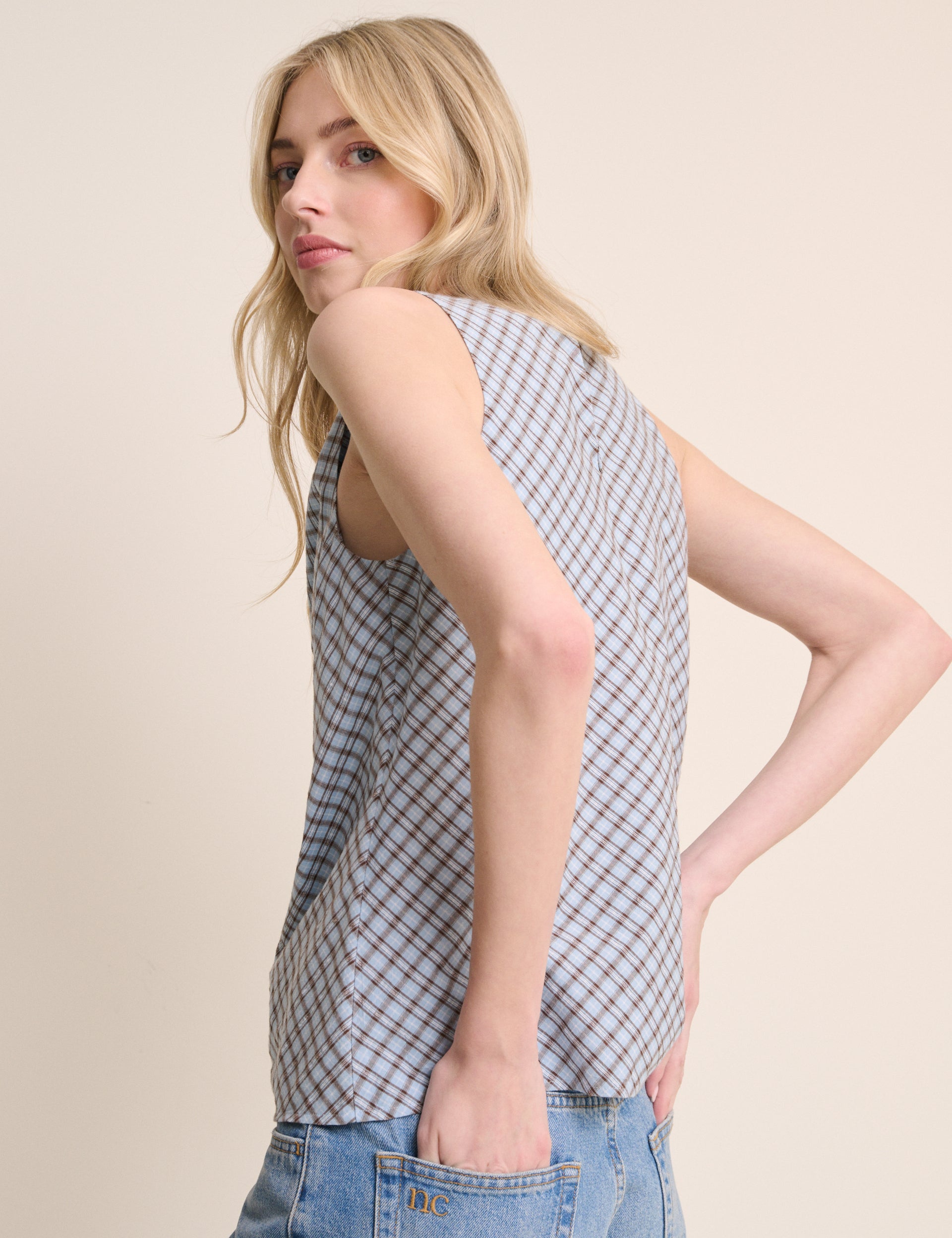 Blue Check Cowl Neck Sleeveless Top