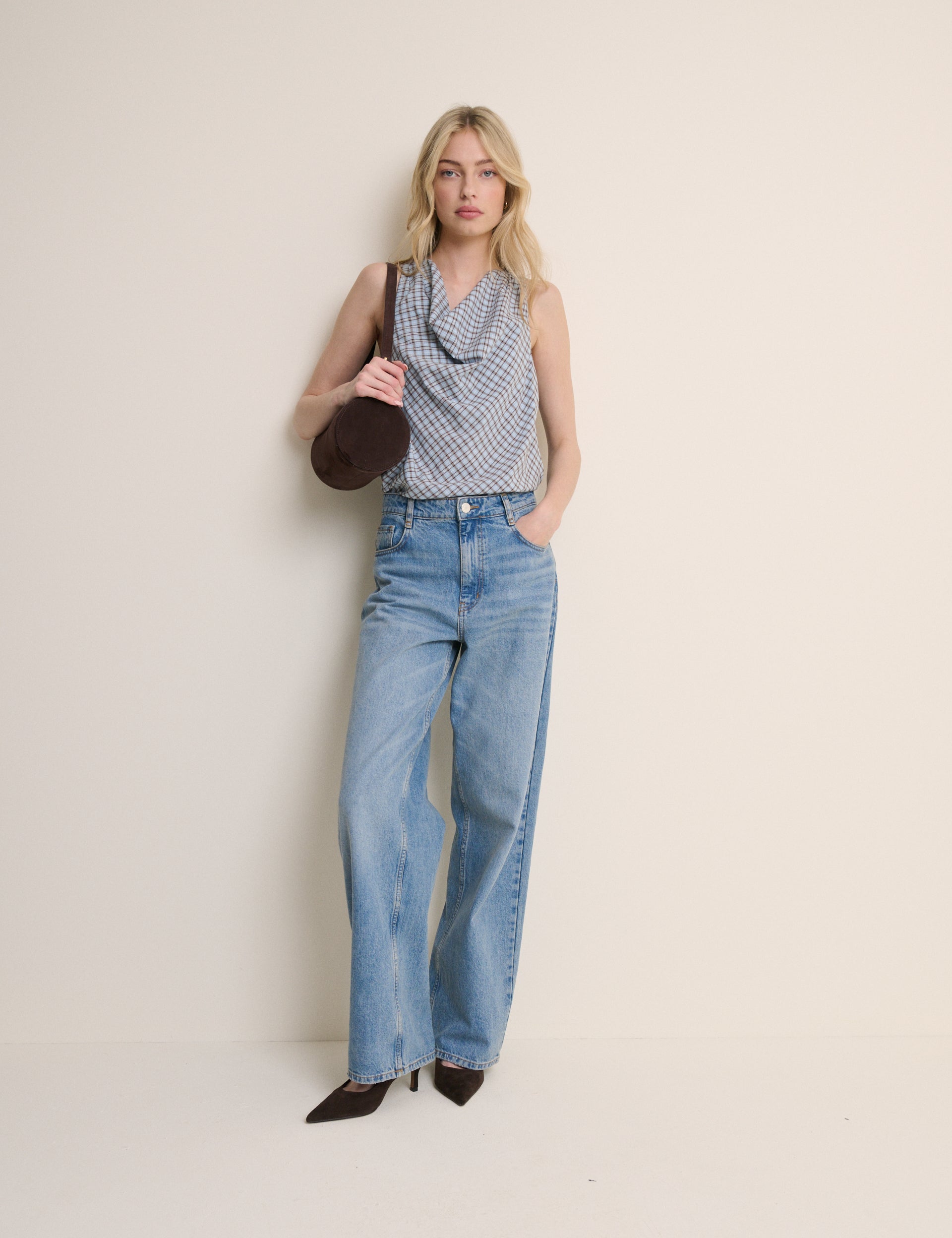 Blue Check Cowl Neck Sleeveless Top