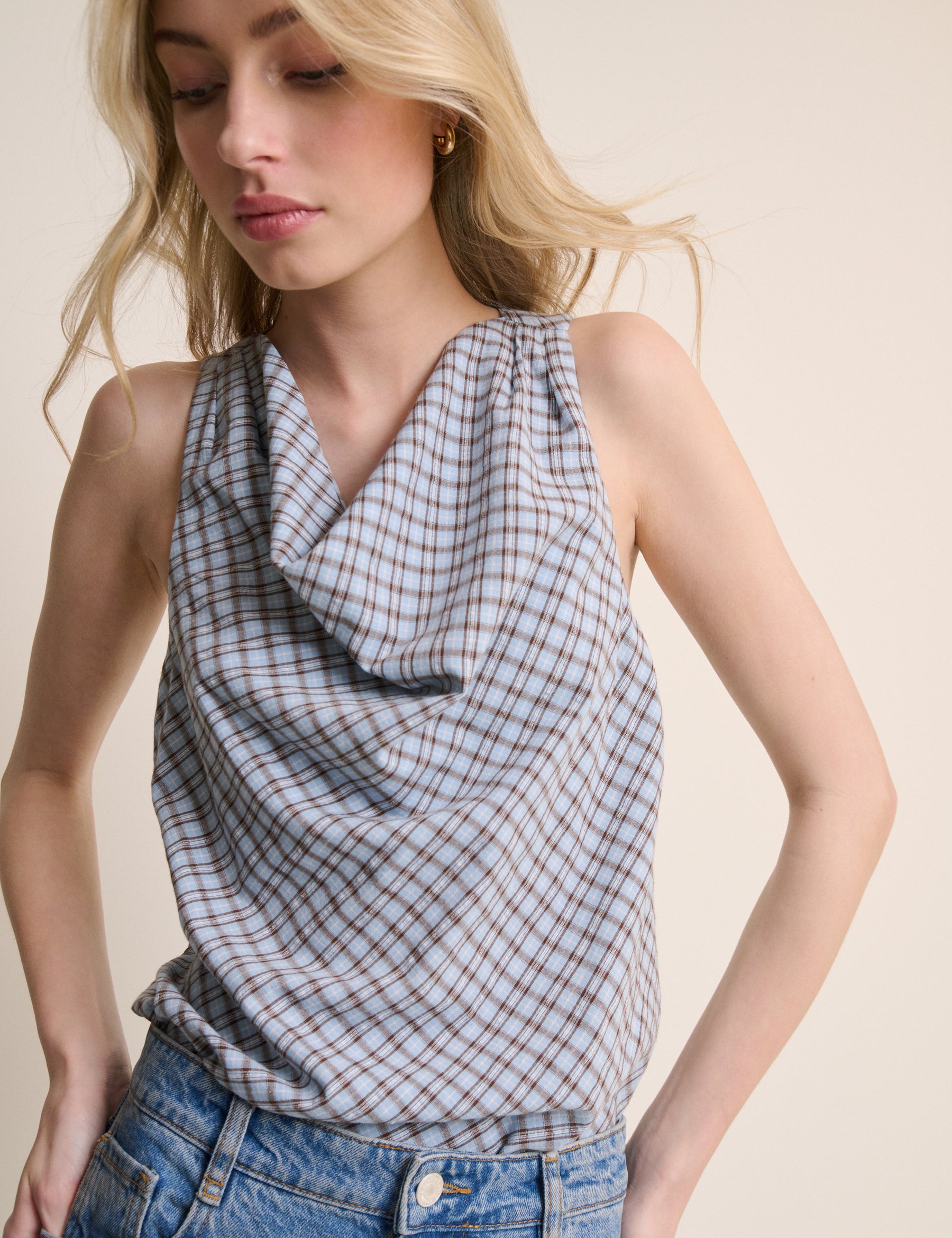 Blue Check Cowl Neck Sleeveless Top