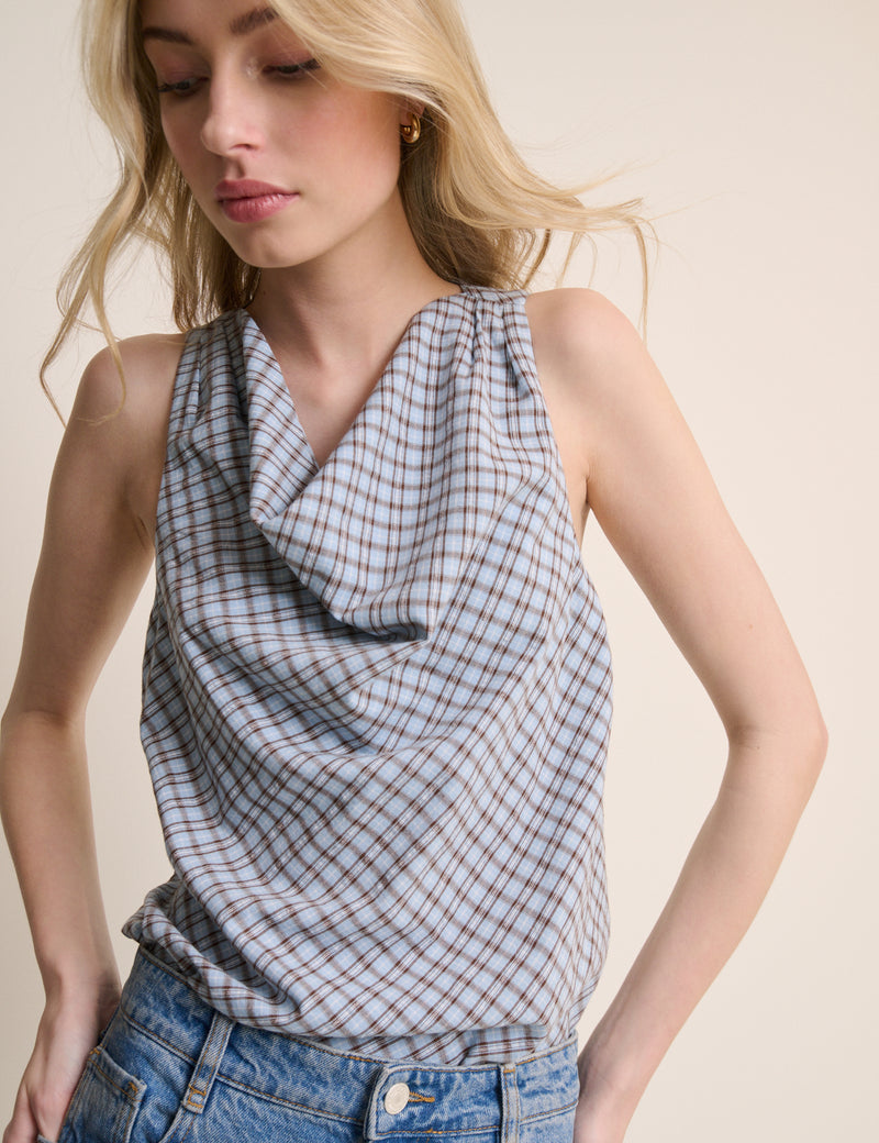 Blue Check Cowl Neck Sleeveless Top