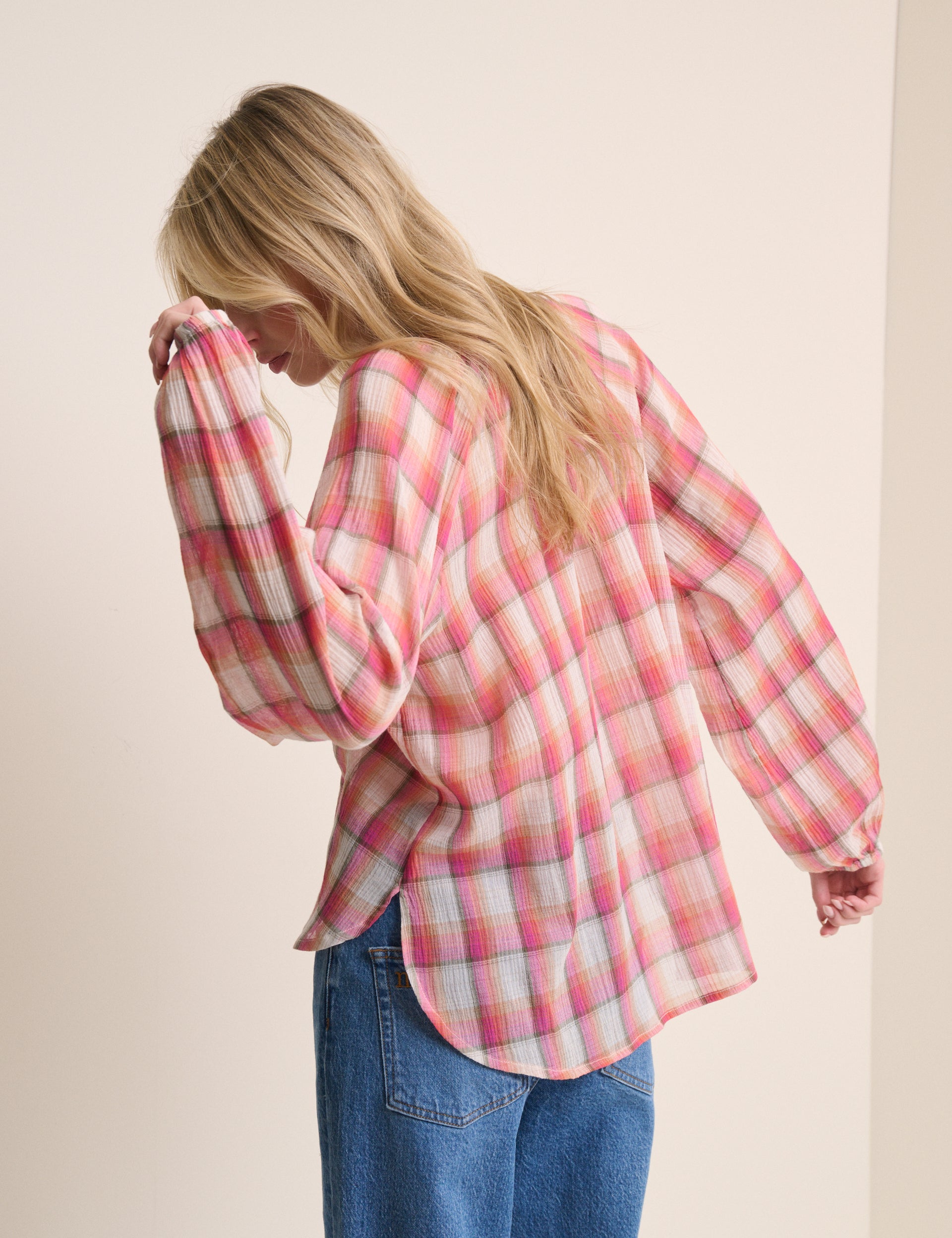 Red Check Balloon Sleeve Blouse