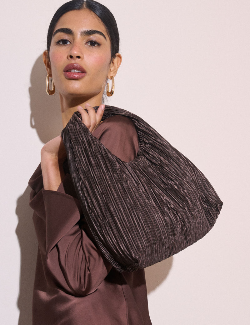 Brown Pleated Satin Shoulder Bag