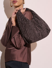 Brown Pleated Satin Shoulder Bag