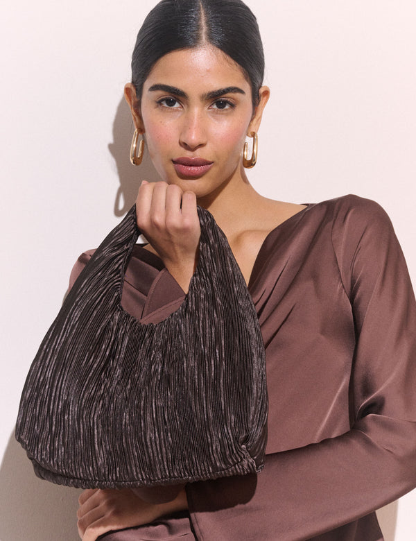Brown Pleated Satin Shoulder Bag