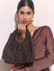 Brown Pleated Satin Shoulder Bag