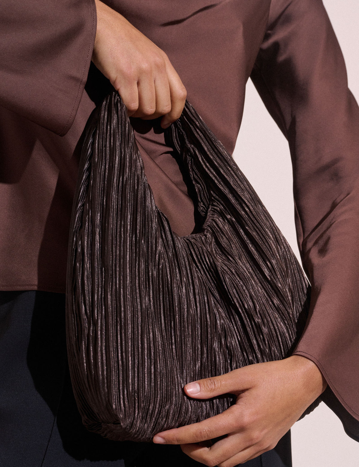 Brown Pleated Satin Shoulder Bag