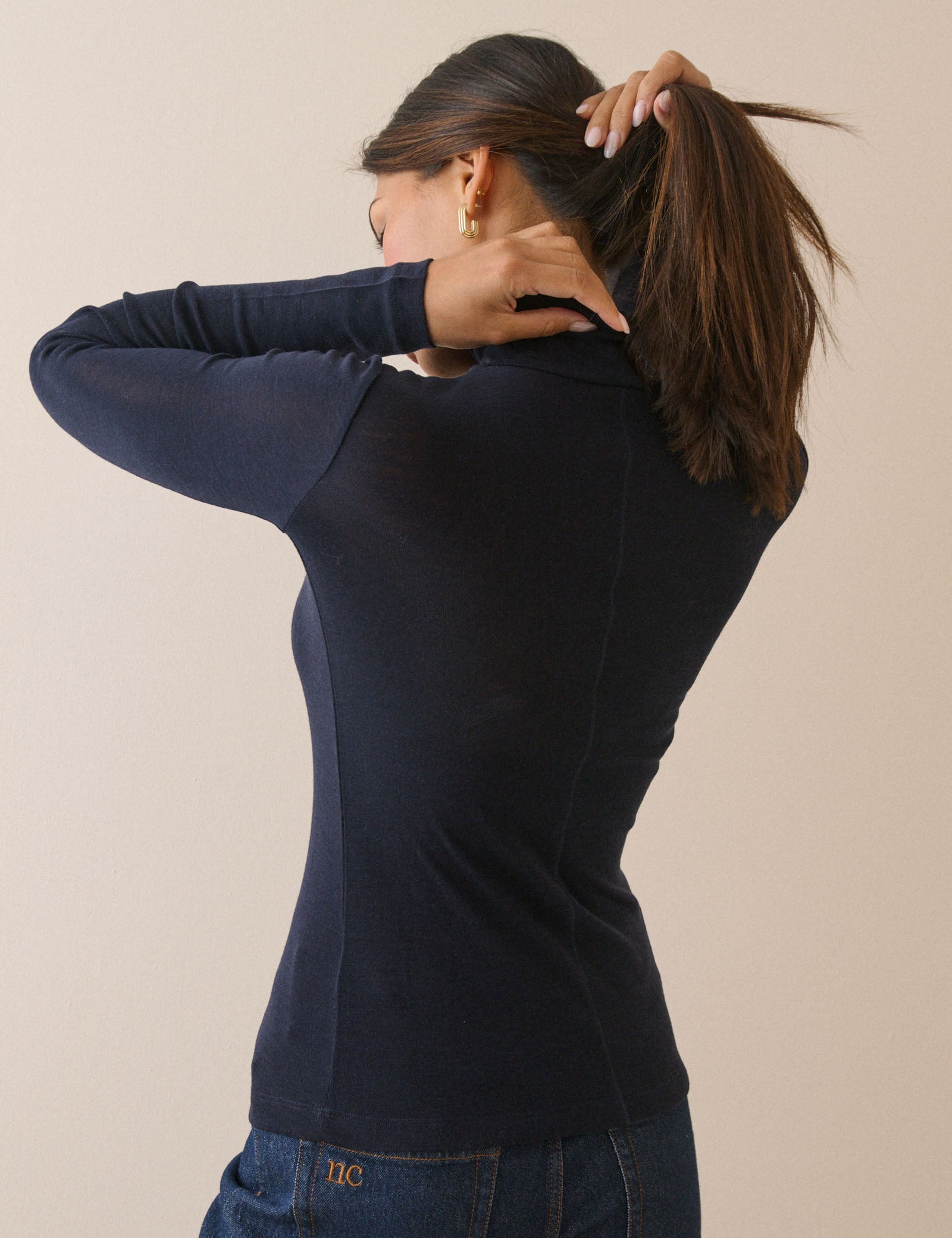 Navy Merino Wool Roll Neck Top