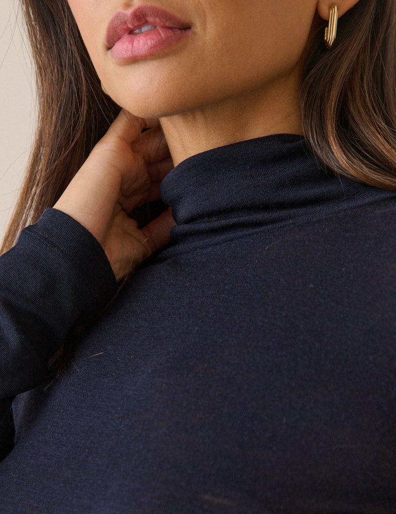 Navy Merino Wool Roll Neck Top