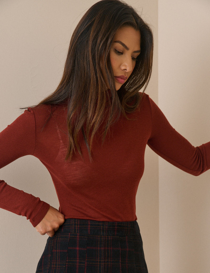 Burgundy Merino Wool Roll Neck Top