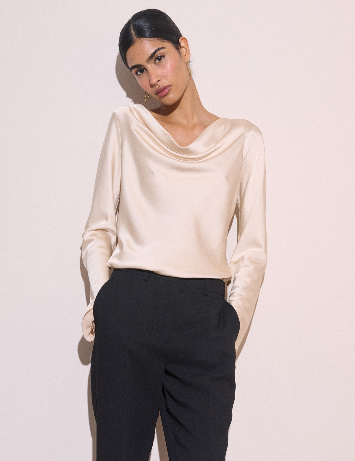Cream Cowl Neck Satin Top