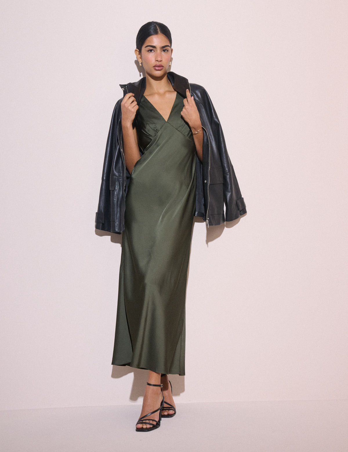 Olive Green V-Neck Satin Joey Midi Dress