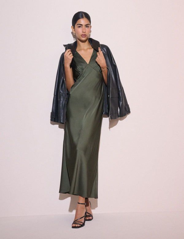 Olive GreenV-Neck Satin Joey Midi Dress
